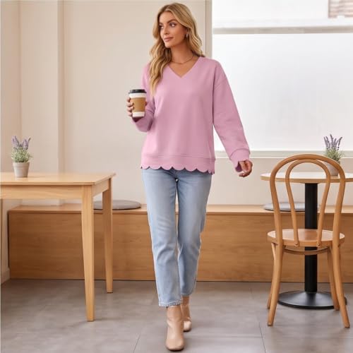 Womens V Neck Sweatshirt Cotton Scalloped Hem Long Sleeve Pullover Tops - image 5