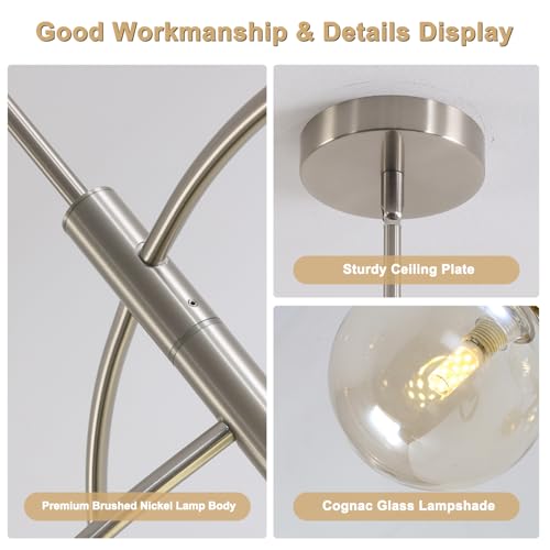 Image of Mid Century Modern Sputnik Chandelier with Glass Globe Cognac Shade Adjustable 5 Light Silver Chandelier for Dining Room Kitchen Bedroom