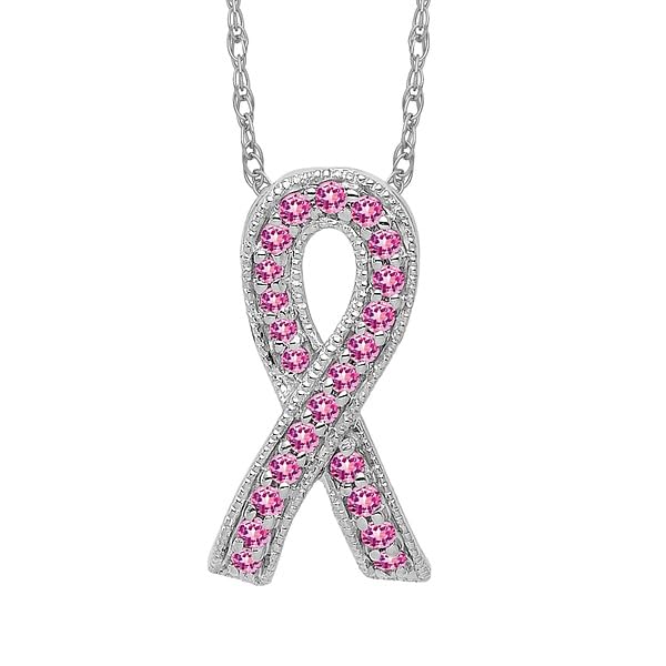 IceCarats 14K Solid White Gold Pink Sapphire Breast Cancer Awareness Ribbon Necklace Gemstone Pendant Charm2
