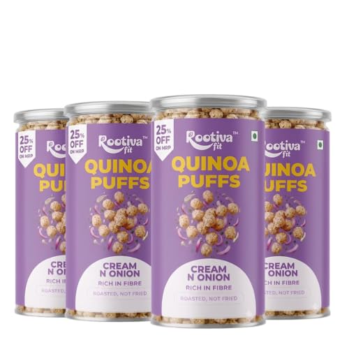 Image of ROOTIVAFIT Quinoa Puffs Cream and Onion Flavour, Roasted Not Fried, Rich in Fibre, 80 g, Pack of 4