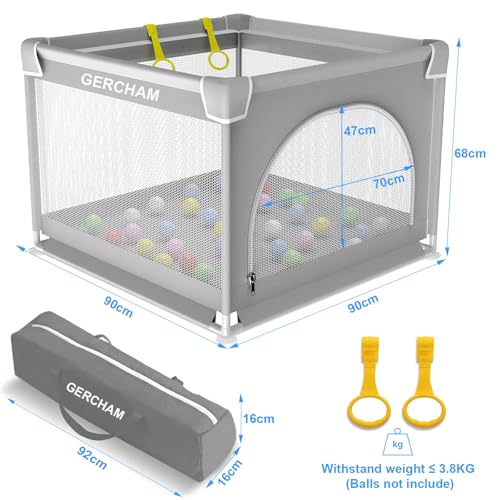 GERCHAM Laufstall Baby 90x90cm Laufgitter Baby Faltbar mit Sicherheitstür für Apartment,Kleines Laufstall mit Atmungsaktivem Netz und Rutschfeste Basis Playpen