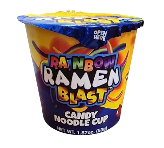 Rainbow Ramen Blast Candy Noodle Cup with Chopsticks, Fruity Gummy Noodles and Sauce Packets, Fun Party Novelty Candy, 1.87 oz
