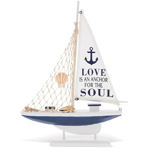 CoTa Global Ocean Blue Sailboat Decor – Handmade Wooden Boat Decor, Cute Beach Style Model Sail Boat Decorations, Nautical Themed Table Top Decor Living Room Centerpiece - 14 Inch Cover