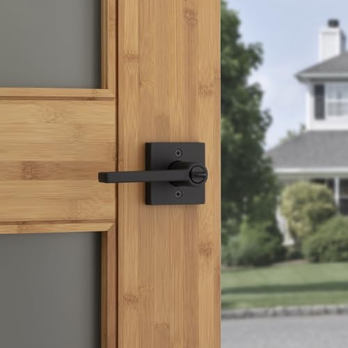 Image of Kwikset Halifax Entry Door Handle with Lock and Key, Secure Keyed Reversible Lever Exterior, for Front Entrance and Bedrooms, Matte Black, 4 Pack, Pick Resistant SmartKey Rekey Security and Microban