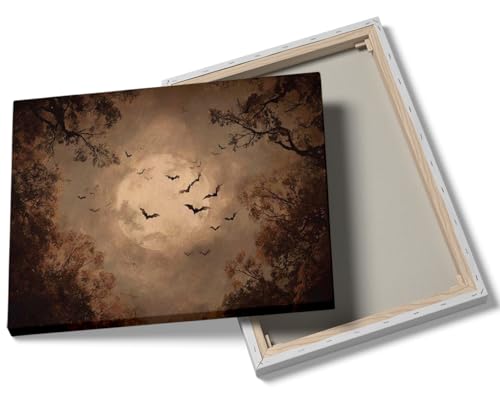 Vintage Full Moon Halloween Art Print,Moody Flying Bats Print,Dark Academia,Spooky