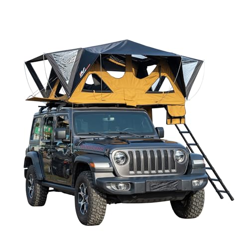 Naturnest Roof Top Tent - Soft Shell Rooftop Tent for Pickup, Wagon, Van, SUV - All Seasons with Large Sunroof & Removable Rainfly & Telescopic Ladder (Yellow & Black)
