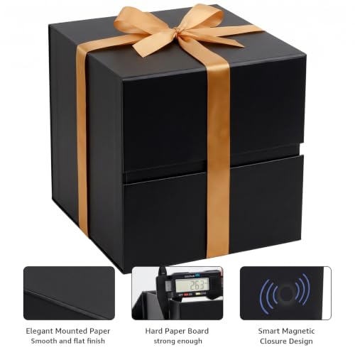 Image of LIFELUM Square Gift Box with Magnetic Lid, Card, Sticker, Ribbon, Shredded Paper Filler for Business, Wedding, Birthdays (Black, square - 10.2 inch, 1 count (Pack of 1))