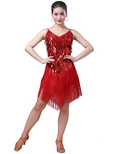 WanYangg Elegante Tanzkleidung Latein Damen Tanzbekleidung Turniertanz Tanzkleid Lateinkleid Party Wear Dancewear EIN Stück Lateinkleid Quaste Dress Samba Tango Rumba 2# Rot M Cover