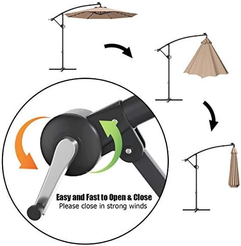 Tangkula 10 FT Patio Offset Umbrella with 360 Degree Rotation, Solar Powered LED Umbrella with Crank Handle & Cross Base, Outdoor Market Umbrella with Aluminum Pole