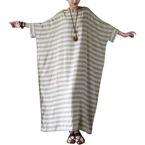 Image of LUZU JUNU Women Cotton Linen Caftan Robe Striped Casual Loose Bat Sleeve Long Maxi Dress