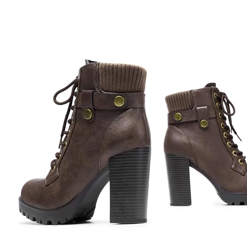 DREAM PAIRS Women's Lace up Combat Ankle Boots High Chunky Heel Fashion Heeled Booties Shoes,Size 6.5,Brown,SCANDL