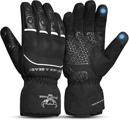 BEAST RAGE Gants de Moto pour Hommes et Femmes-Doublure Thermique Chaude,imperméable,Coupe-Vent, Compatible avec Les écrans tactiles,Gants de Moto à Doigts Entiers pour Le Temps Froid (Noir, L)