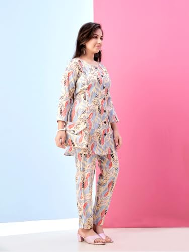 Image of Aarika Girls Casual Wear Beige Colour Leaf Print Polyester Co-ord Set