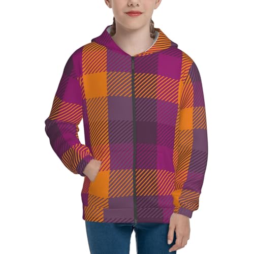 Purple Yellow Buffalo Plaid Kid Hoodies Boys Zip Up Sweatshirts Girls Pullover with Pocket3
