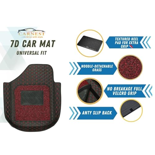 Image of CARNEST 7D Buket Car Floor Mat 5Pcs Set Universal Fit | Triple Stitch Waterproof & All-Weather Anti-Slip Car Mats Compatible with - IKON,Blk /Red