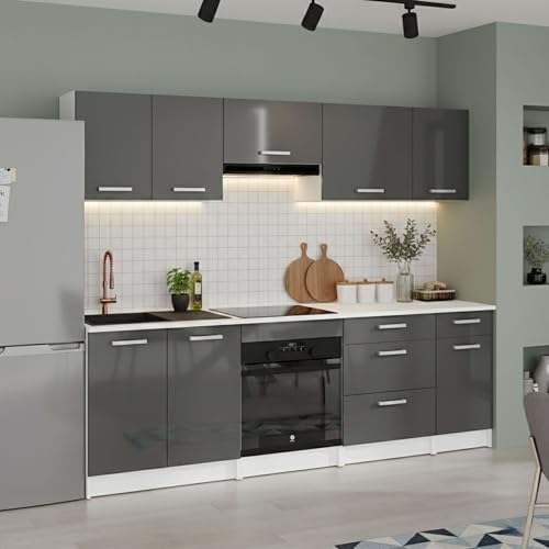 Miroytengo Cocina Modular Completa 240 cm, Muebles de Cocina 8 módulos Vetro Gris Brillante y Blanco
