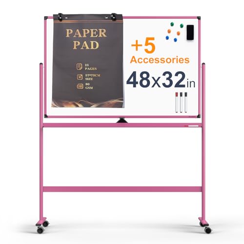 Image of Large Dry-Erase Rolling Magnetic Whiteboard - 48 x 32 Inches Dry Erase Board with Stand Height Adjust Double Sides Mobile White Board Easel on Wheels with 25 Sheets Paper Pad Office, Home & Classroom