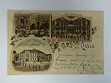 Ansichtskarte mit drei chromolithographischen Ansichten: Gruss aus Celle - Restaurant Harmonie, Inh.: A. Wolfgang. Gastzimmer, Ball- und Concert-Saal