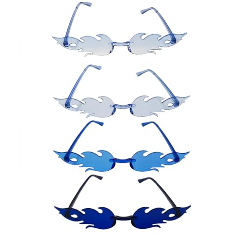 VIGUEUR 4PCS Flame Fire Sunglasses, Rimless Design, Party Glasses for Men Women, Blue