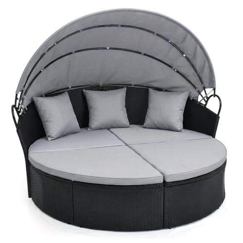 COSTWAY Lit de Jardin Rond en Rotin PE avec Auvent Rétractable, Ensemble de Chaises avec Coussins et Oreillers Amovibles Charge 360KG, pour Jardin Porche Bord...