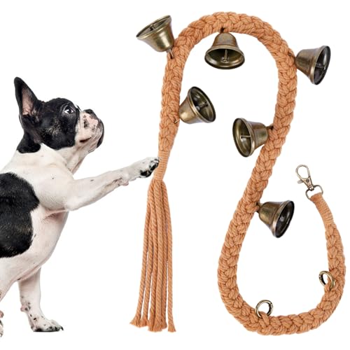 Dog Bell for Door Potty Training, Cotton Handwoven Dog Doorbell with 6 Extra Loud Bells for Dog Training, Adjustable Hanging Door Bell for Small Medium Large Dogs to Ring to Go Outside, Brown