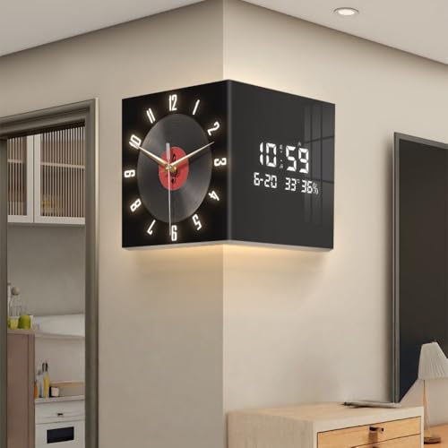 Askifoz両面時計 デジタル リビング 壁掛け センサースイッチグロー 環境に優しい素材 静かで正確な時間管理 リモコンスイッチ 温度と湿度表示付き リビングルーム 寝室 レストラン カフェ ポーチ ショップ ホテルでの使用に最適 (C (ライト +
