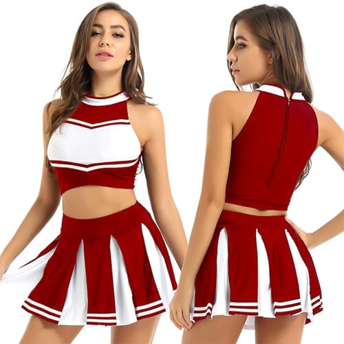 Cheerleader Kostüm Karneval Damen Fasching Uniform Pompons Oberteil Pom Poms Cheerleading Karnevalskostüme Kostüme Sexy Rot, S