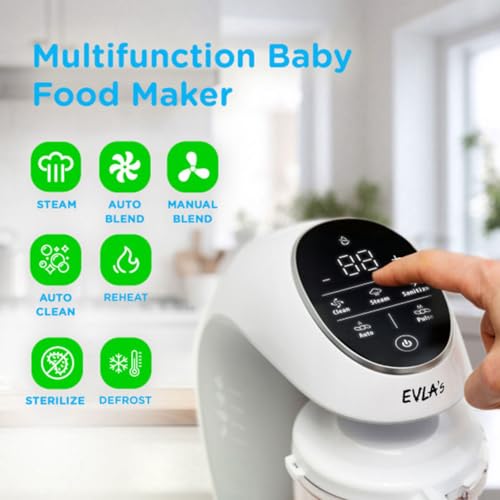 EVLA'S Baby Food Maker, Steamer, Blender, Baby Food Processor for Healthy Homemade Baby Food in Minutes, Touch Screen with 6 Reusable Food Pouches, Baby Registry Essential, White