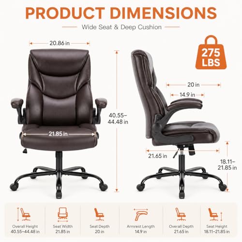Image of Ergonomic PU Leather Office Chair - Executive Computer Desk Chair with Lumbar Support & Wide Seat, Adjustable Height Task Chair with 360 Swivel & Quiet Wheels for Home Office, Gaming, Brown