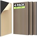 TONOR 4PCS Wood Slat Panels, 48” x 24”Adhesive Acoustic Panels for Wall, Decorative 3D Fluted Panels for Sound Absorbing, Soundproof Panels with Wood Finish for Living Room, Dark Walnut