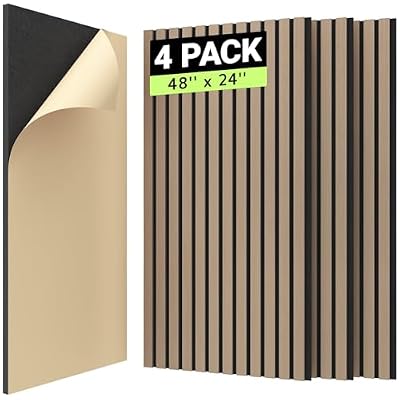 TONOR 4PCS Wood Slat Panels, 48” x 24”Adhesive Acoustic Panels for Wall, Decorative 3D Fluted Panels for Sound Absorbing, Soundproof Panels with Wood Finish for Living Room, Dark Walnut