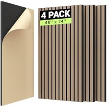 TONOR 4PCS Wood Slat Panels, 48 x 24Adhesive Acoustic Panels for Wall, Decorative 3D Fluted Panels for Sound Absorbing, Soundproof Panels with Wood Finish for Living Room, Dark Walnut