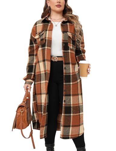 CYCLAMEN 2024 Women's Plus Size 1X-5X Long Flannel Plaid Shacket Jacket Calf-Length Button Down Coat Shirt Pocket Fall Winter
