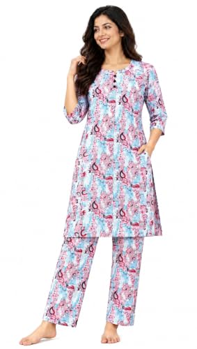 Image of Duchess Women's 100% Pure Cotton Printed Night Suit | Stylish Long Length Top & Pyjama Set | Ultra Soft, Breathable Sleepwear & Loungewear Homewear Nightwear Set | Plus Size Friendly