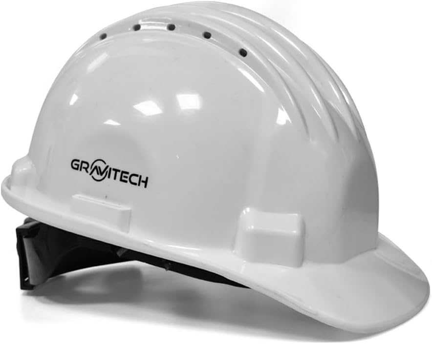 Gravitetch Safety Helmet for Men Industrial & Construction | Ratchet Type Adjustment with Chin Strap | Ventilation & Side Slots Work Hard Hat (White)