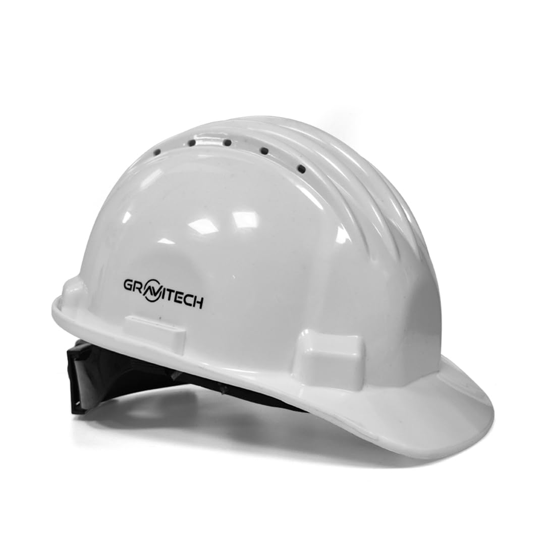 Gravitetch Safety Helmet for Men Industrial & Construction | Ratchet Type Adjustment with Chin Strap | Ventilation & Side Slots Work Hard Hat (White)