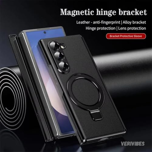Image of Premium Leather Texture Case Compatible with Samsung Galaxy Z Fold 7 | Magnetic Ring Kickstand | 360 Hinge Protection | Slim Shockproof Back Cover - Black