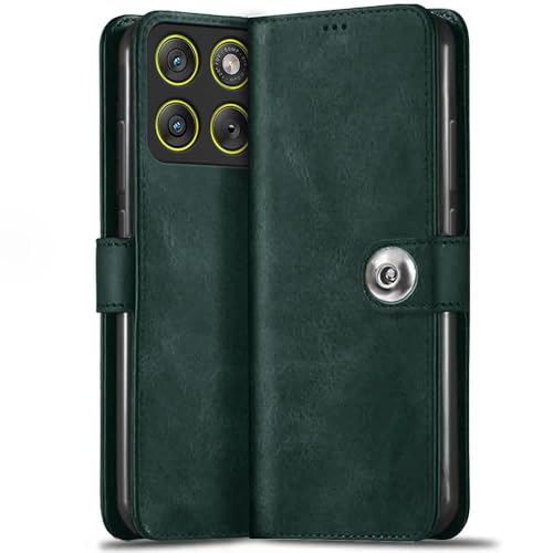 Image of TheGiftKart Flip Cover Back Case for Motorola Moto Edge 70 5G | Genuine Leather Finish | Designer Button | Inbuilt Pockets & Stand | Wallet Style Flip Case Cover for Moto Edge 70 (Faux Leather, Green)