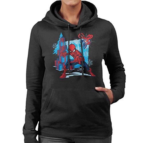 Marvel Christmas Spider Man Festive Backdrop Women's Hooded Sweatshirt Black
