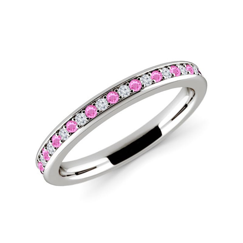 Miniatura 3 de Alternate Pink Sapphire & White Diamond Wedding Band For Women, 14k Yellow Gold Finish Pink Sapphire Anniversary Half Eternity Ring, Ladies