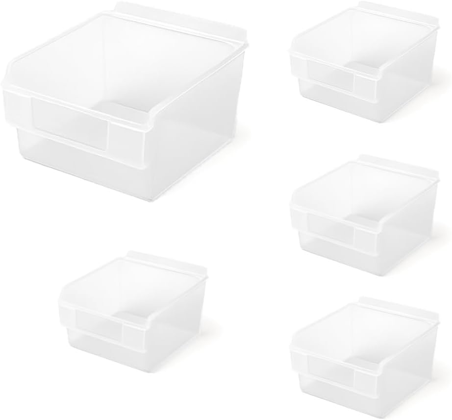 Slatwall Bins with Label Holder – Stackable Slatwall Storage Bins for Accessories, Garage Tool Organizer, Slat Wall Organizer for Workshops & Retail Store (Clear 10 Pack, Shelfbox 100)