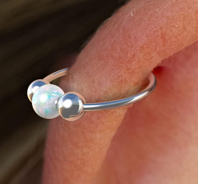 Silver Helix Earring - White Opal Thin Tiny 20 Gauge 8mm Cartilage Hoop - 925 Sterling Silver Helix Piercing Earrings For Women - Image 2