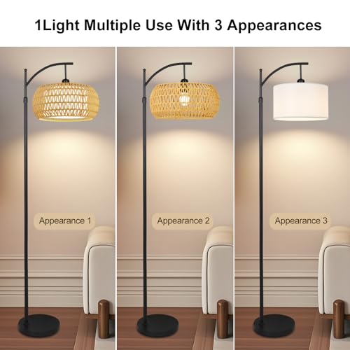Arc Floor Lamps for Living Room Rattan Boho Floor Lamp with Remote Control,Dimmable LED Floor Lamp Wicker Lamp Shades Black Standing Lamp with 3 Color Temperature Tall Floor Lamps For Bedroom Corner