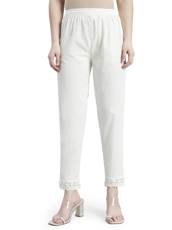 Image of GO COLORS Soft Cotton Lace Pencil Pant Full Length for Women| Mid-Rise, Breathable