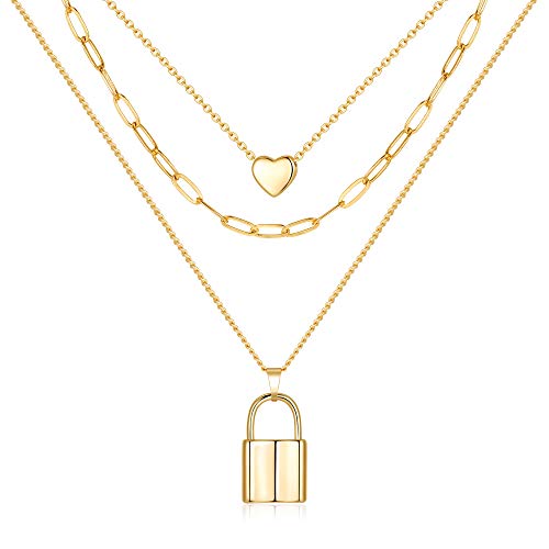 MONOZO - Collar con candado para mujer, chapado en oro de 14 quilates, cadena con candado y cadena para niñas