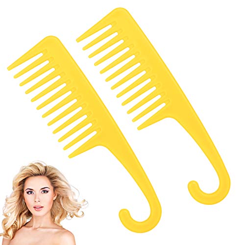 Wide Tooth Comb Shower Combs: 2Pcs Wide Tooth Comb for Curly Hair,Plastic Big Detangling Comb with Hook,Wide Tooth Comb for Wet /Black/Thick/Fine/Long Hair,Combs for Women（Yellow）