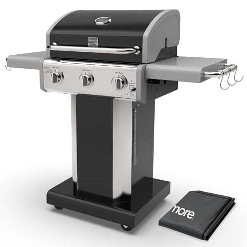 Kenmore 3-Burner Propane BBQ Grill, 30,000 BTUs Gas Grill with Cast Iron Cooking Grates, Folding Side Tables & Wheels, Outdoor Grill with Tool Hooks, Black + Bonus Cover
