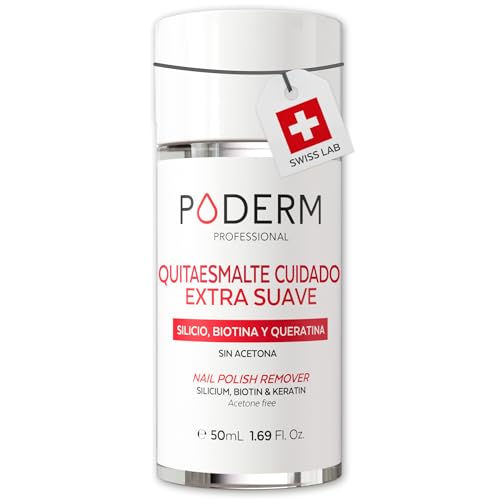PODERM Quitaesmalte Extra Suave Sin Acetona para Uñas Sensibles - 50 ML | Elimina los Esmaltes Intensos desde la Primera Pasada | Fitoqueratina, Biotina & Silicio | Creado por un Podólogo