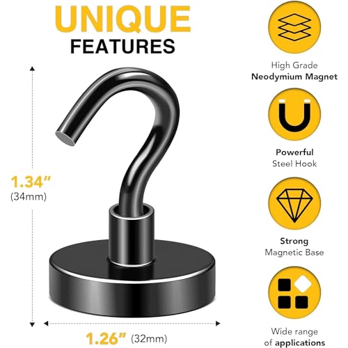 Image of DIYMAG Magnetic Hooks,120lbs Heavy Duty Magnets with Hook Black 12 Pack | Rare Earth N52 2026 Cruise Cabin Ship Essentials for Fridge Hanging Classroom Beach Vacation Kitchen Grills Home Must Have