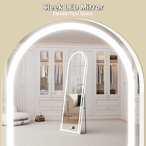 Image of Koonmi LED Arched Full Length Mirror, 65 inchx24 inch Full Length Mirror with Lights, Lighted Floor Mirrors with Stand, Full Body Mirrors with Dimming & 3 Color Lightingfor Living Room Cloakroom, White
